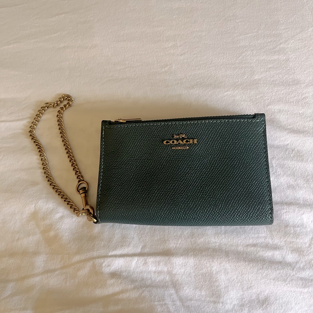 Coach card wallet with wristlet chain, green